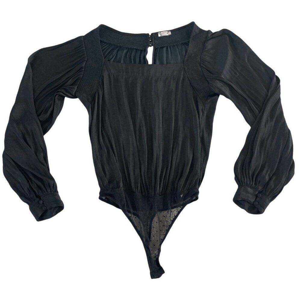 FREE PEOPLE‎ Intimately Black Long Sleeve Square Neck Thong Bodysuit XS $69